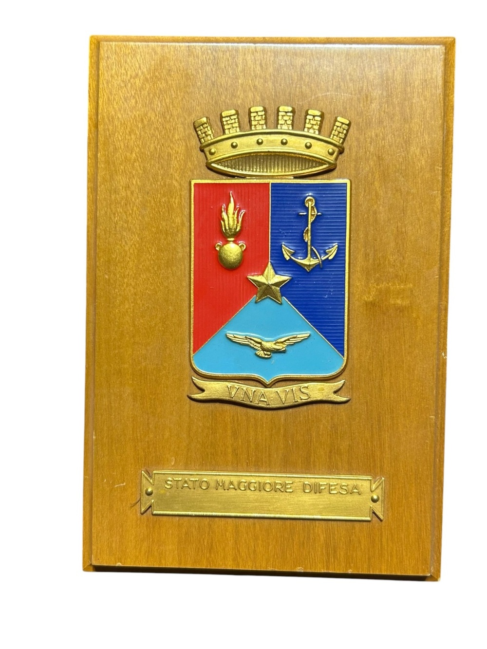 Italian Military Stato Maggiore Difesa UNA VIS Wood Enamel Crest Plaque